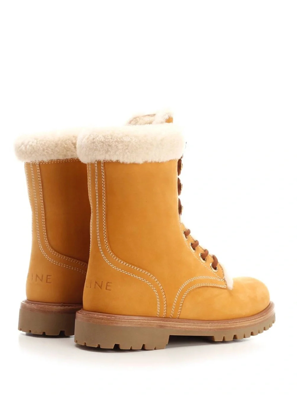 Celine Tan Shearling-Trim Lace-Up Winter Boots